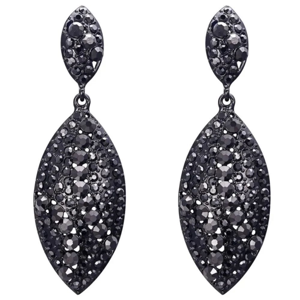 Gun Metal with Charcoal Gray Crystal Double Leaf Chandelier Post Back Earrings